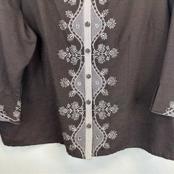 SilkLand 100% Silk 2X Brown Cream Tunic Embroidery Beading Boho Natural Elegant - Picture 13 of 13